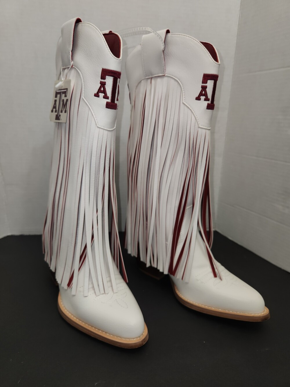 V by Vaccari Texas A&M Women’s Size 6.5 White Leather Cowboy Boots with Fringe